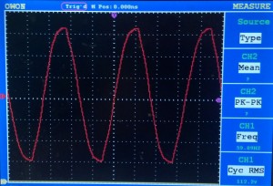 The resolution is 50V/div. Mains provides roughly a sinusoidal waveform.