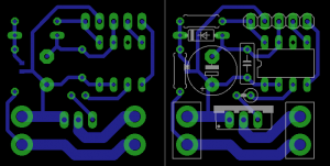 Left shows the copper traces while right includes an overlay of the components.