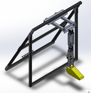 The lowest motor in this rendering adjusts the yaw of the ankle of the robot. Above this is a motor for controlling the angle of the knee, and above this is a motor for controlling the angle of the hip. The entire leg can move side-to-side, tracing out a semi-circle, using the driven parallel linkage between the hip and the frame.