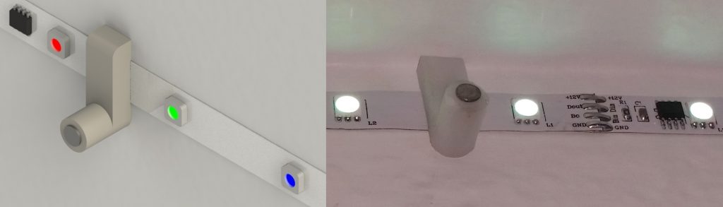 I could find similar LED strip clips online, but only with screw-sized holes. I wanted to use small nails for drywall, so I design and printed a nail version: rendering on the left, in place on the right.